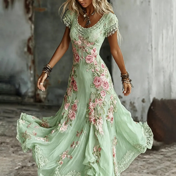 Vestido Largo Fluido De Mujer Con Bordado Floral De Rosas Estilo Bohemio