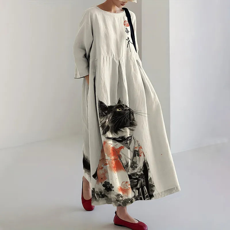 Vestido midi retro estampado gato japonés manga larga