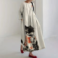 Vestido midi retro estampado gato japonés manga larga