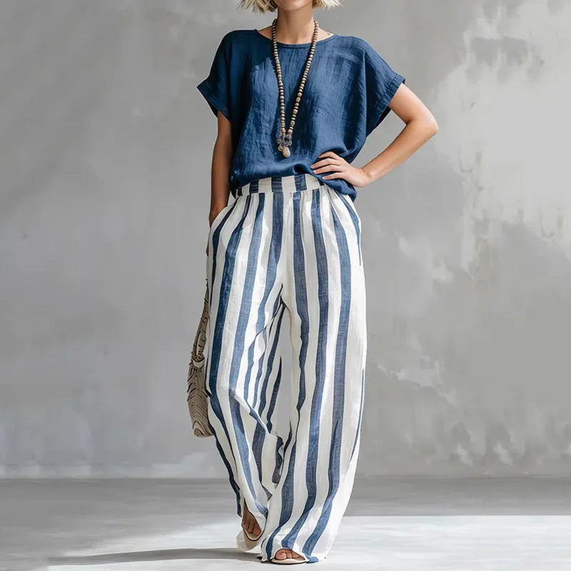 Conjunto de dos piezas de lino a rayas clásico