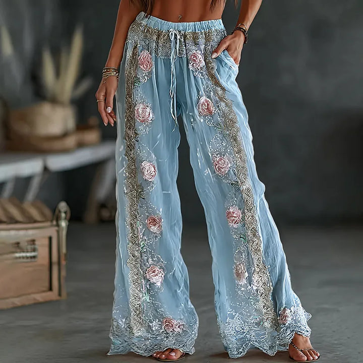 Pantalones Casuales De Lino Mixto Con Estampado Floral Bordado Vintage De Primavera Para Mujer