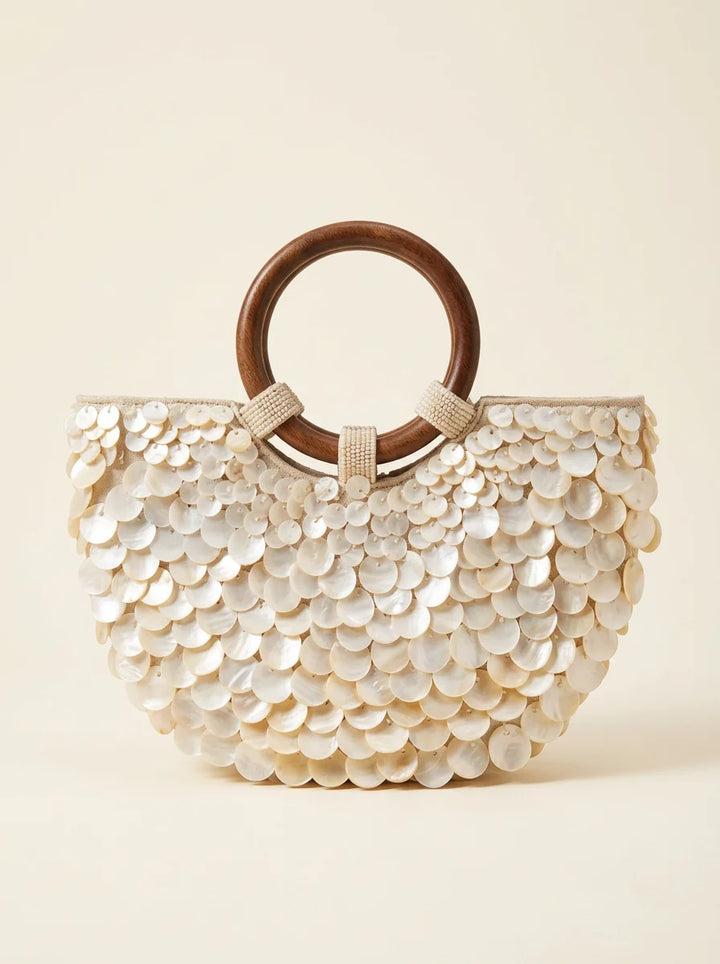 Bolso Tote Artesanal De Conchas Y Perlas Con Asa De Madera