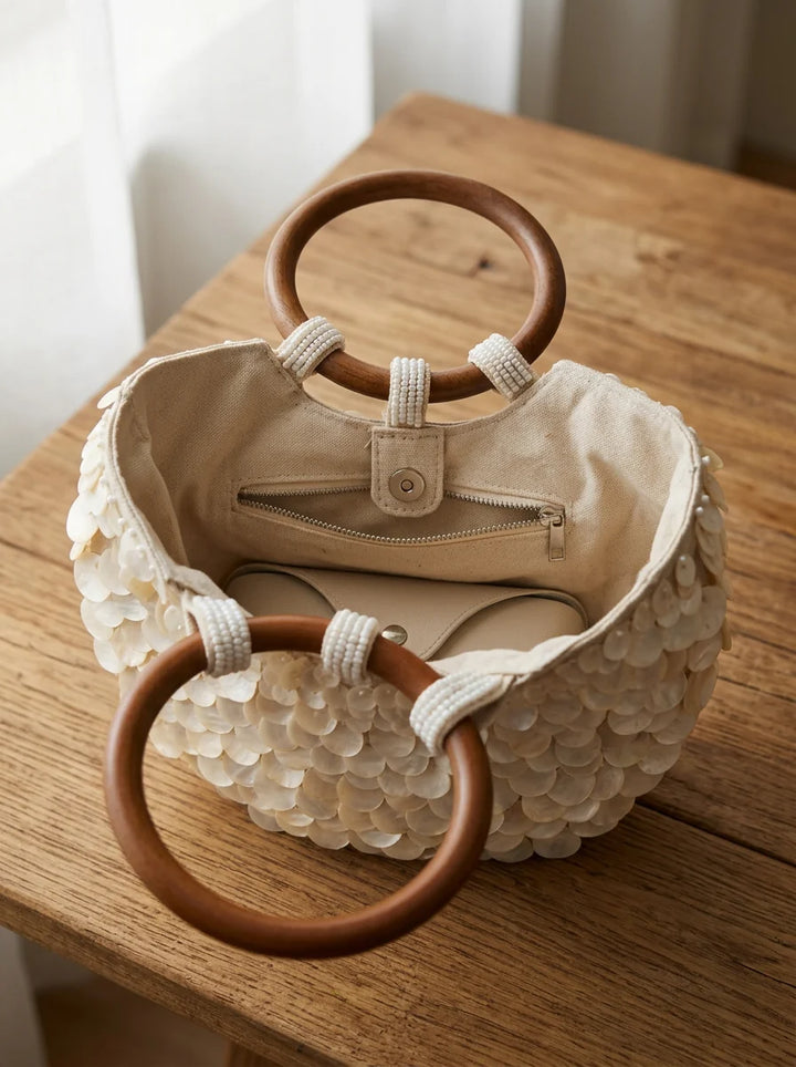 Bolso Tote Artesanal De Conchas Y Perlas Con Asa De Madera