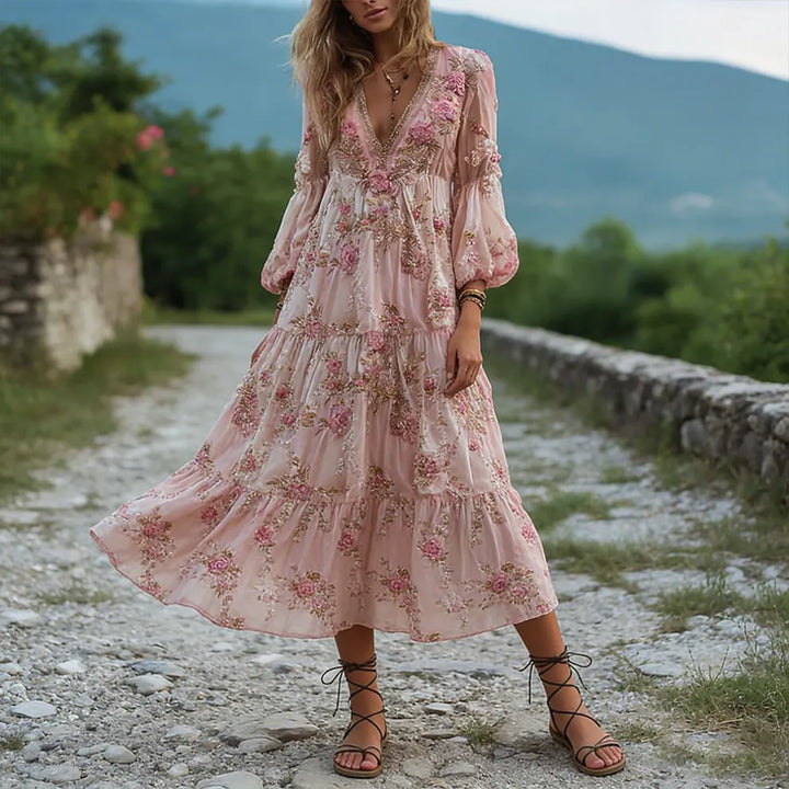 Vestido Largo De Lino Con Cuello En V Y Bordado Floral Pequeño Vintage En Rosa
