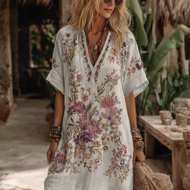 Vestido Midi Cómodo Con Cuello En V Y Bordado Floral Para Mujer