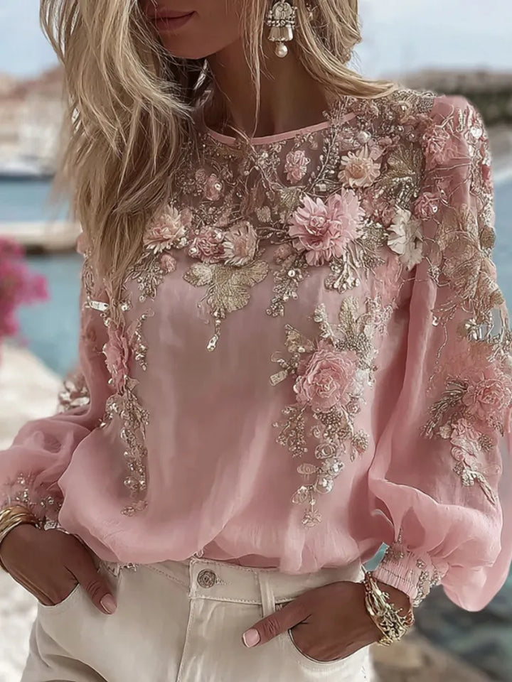 Camiseta De Manga Larga Con Cuello Redondo Y Bordado De Flores Rosas Para Mujer