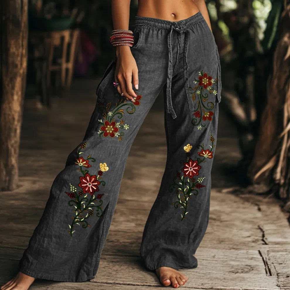 Pantalones Anchos De Algodón Y Lino Con Estampado Floral Vintage