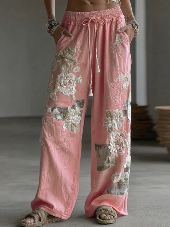 Calças Casuais de Linho Retro com Aplicações Florais para Mulher