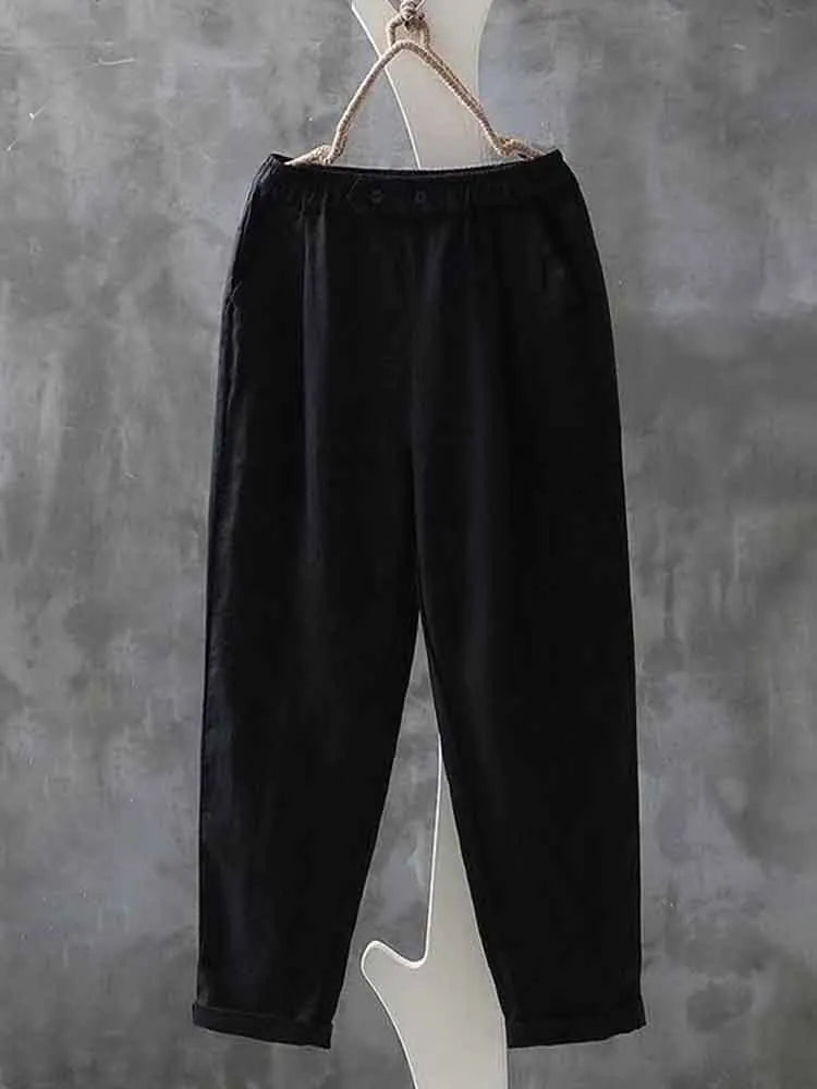Pantalones Casuales Sencillos De Lino Con Cintura Elástica Para Mujer