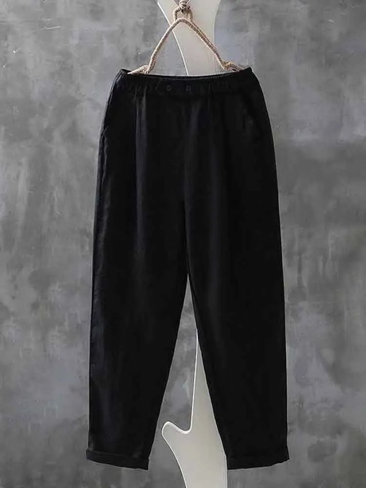 Pantalones Casuales Sencillos De Lino Con Cintura Elástica Para Mujer