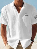 Camisa de lino de manga corta con estampado de cruz fe