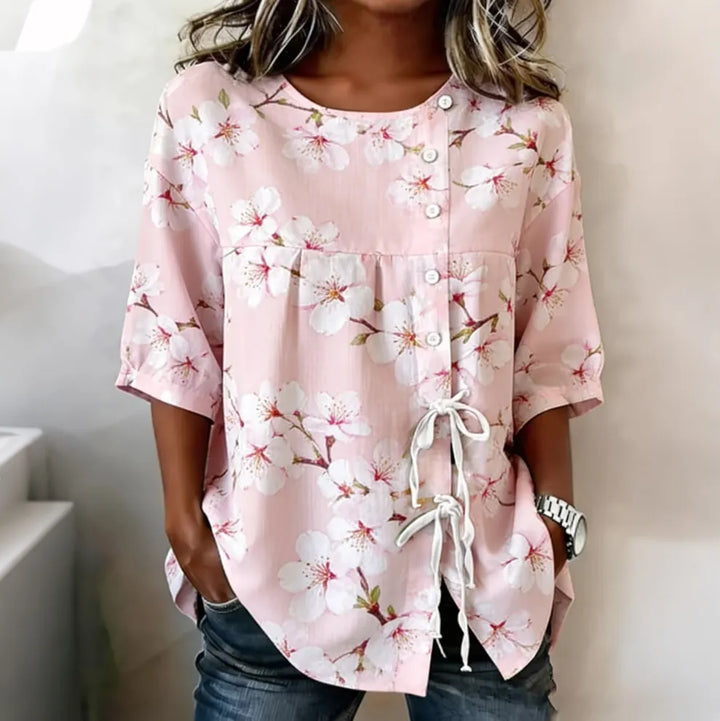Top de Manga Curta com Estampado de Flor de Cerejeira