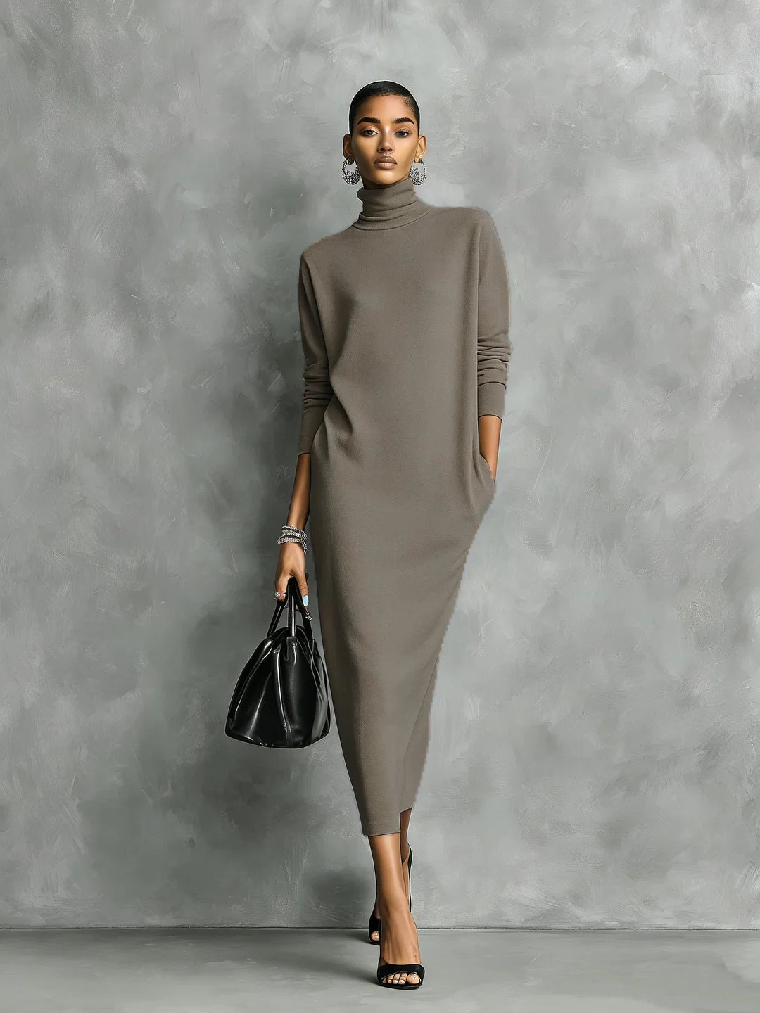 Nora | Vestido Midi De Punto Negro Con Cuello Alto Y Mangas Largas