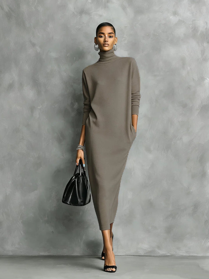 Nora | Vestido Midi De Punto Negro Con Cuello Alto Y Mangas Largas