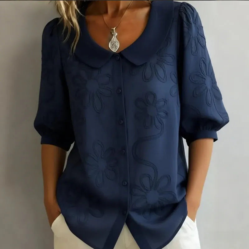 Camisa Vintage Holgada Con Bordado Floral - Manga Media
