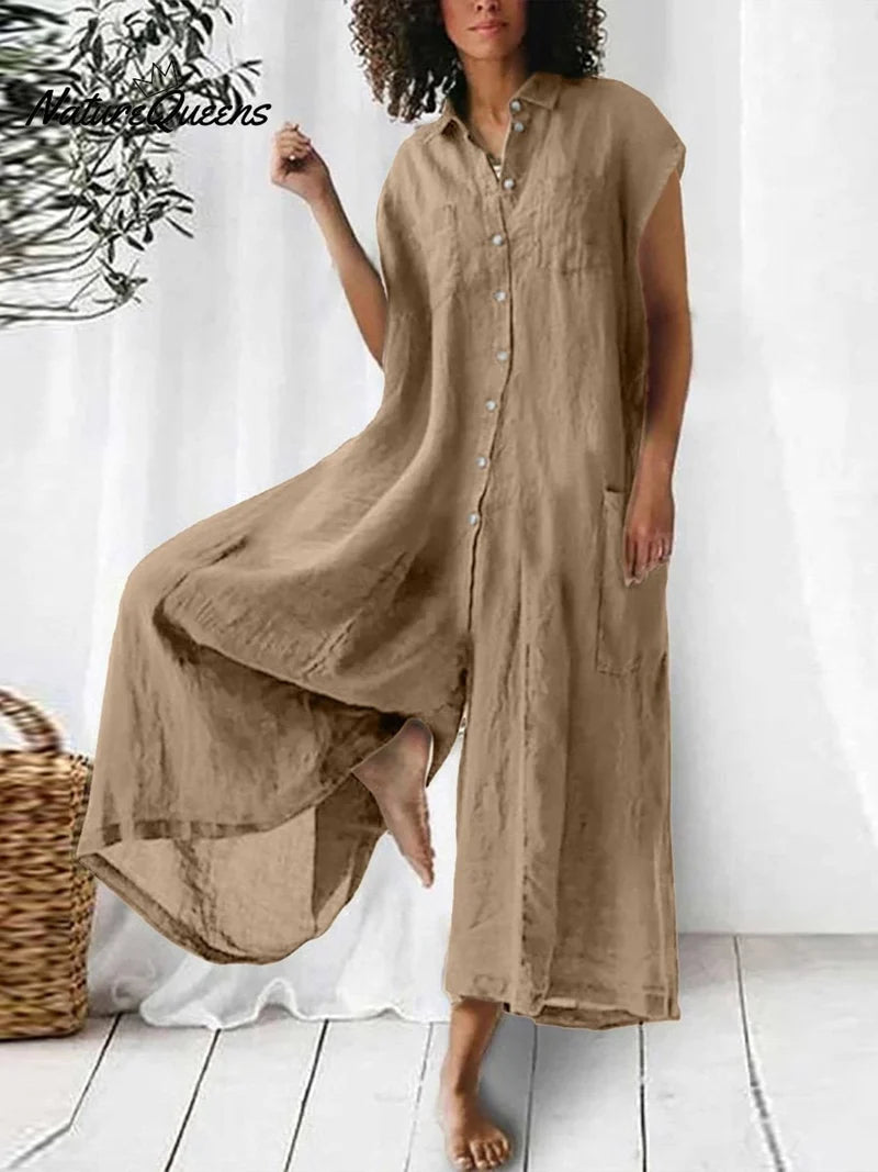 Rosa - Women's Oversized Linen Jumpsuit with Collar and Front Buttons