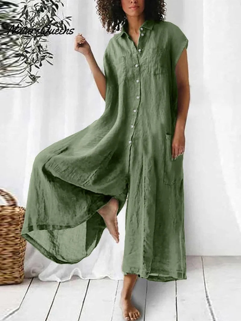Rosa - Women's Oversized Linen Jumpsuit with Collar and Front Buttons