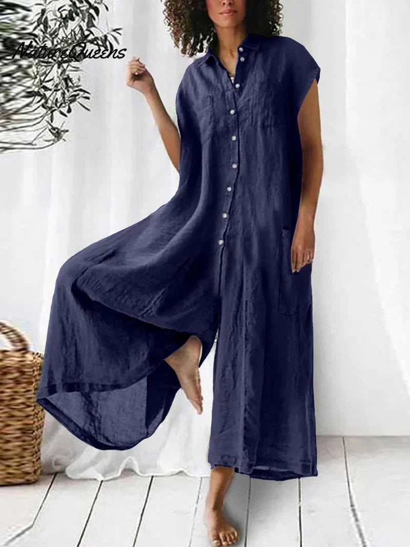 Rosa - Women's Oversized Linen Jumpsuit with Collar and Front Buttons