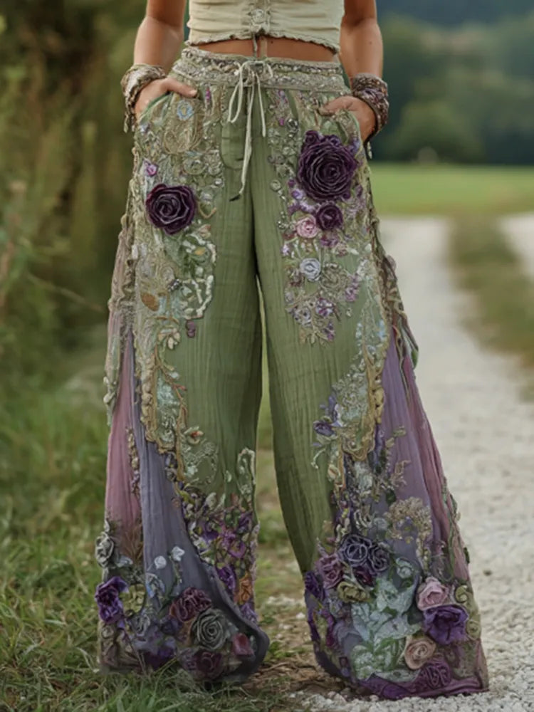 Pantalón de lino elegante con arte de lavanda púrpura y bordado floral