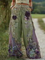 Pantalón de lino elegante con arte de lavanda púrpura y bordado floral