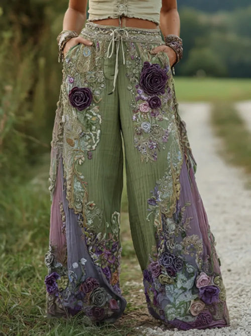 - PANTALONES LINO BORDADO LAVANDA FLORAL