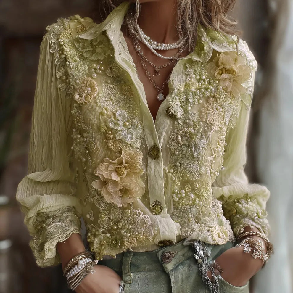 Camisa Informal De Manga Larga Con Estampado Floral Vintage Para Mujer