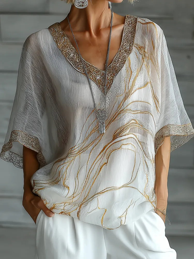 Camiseta de lino con estampado mármol vintage estilo bohemio degradado dorado para mujer