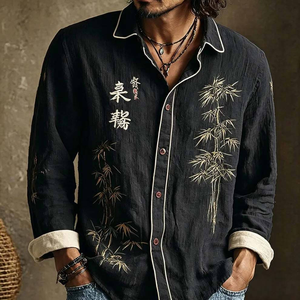 Camisa casual retro japonesa con estampado de bambú y caligrafía para hombre