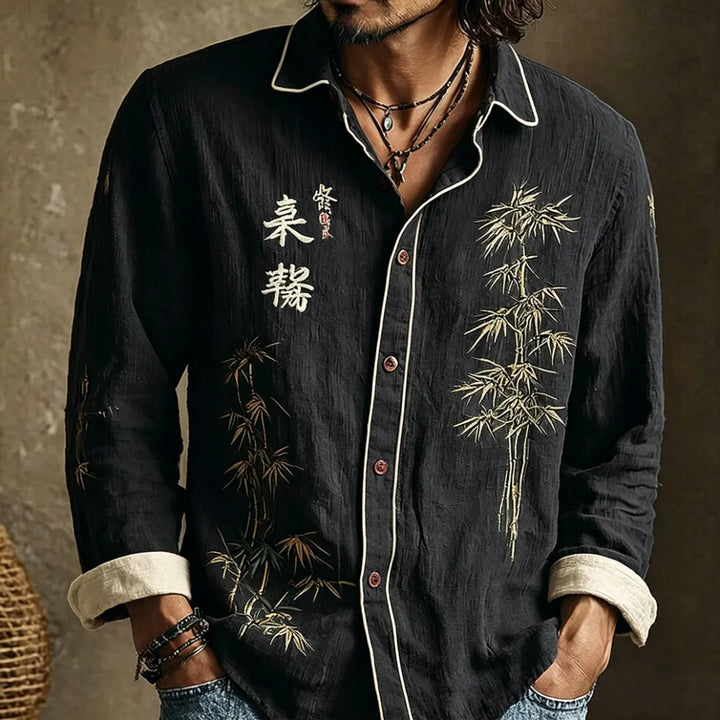 Camisa Casual Retrô Japonesa com Estampa de Bambu e Caligrafia para Homem