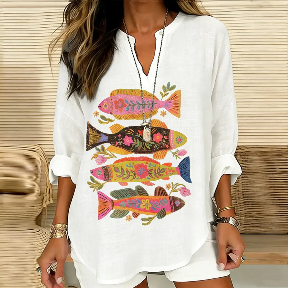 CAMISA DE MEZCLA DE LINO VINTAGE CON ESTAMPADO ÉTNICO FLORAL y DE PECES