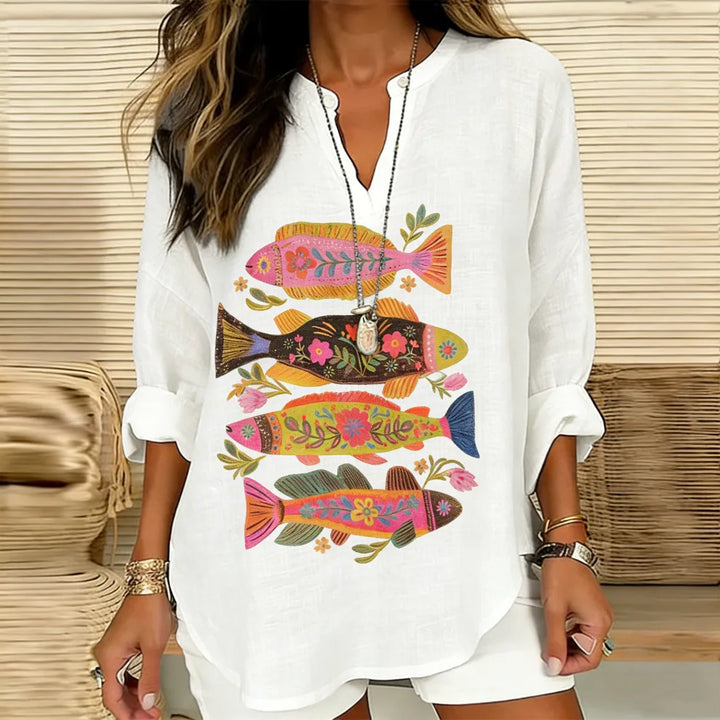 Camisa Vintage em Mistura de Linho com Estampado Étnico Floral e de Peixes