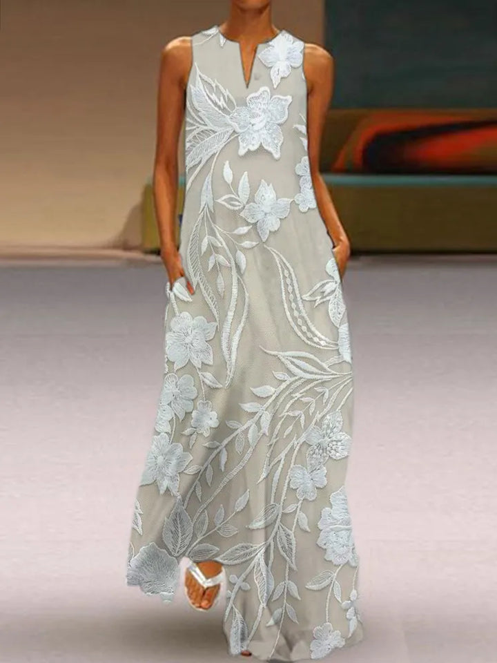 Vestido Maxi Fluido Elegante Con Bordados Florales