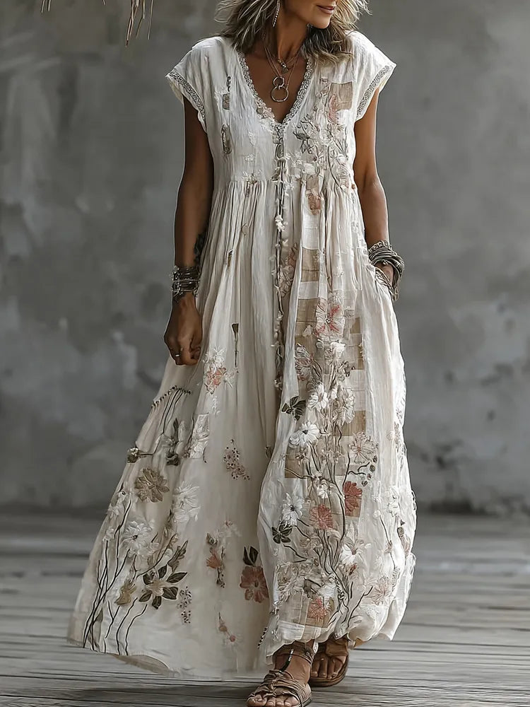 VESTIDO MAXI CUELLO V BORDADO FLORAL PATCHWORK VINTAGE