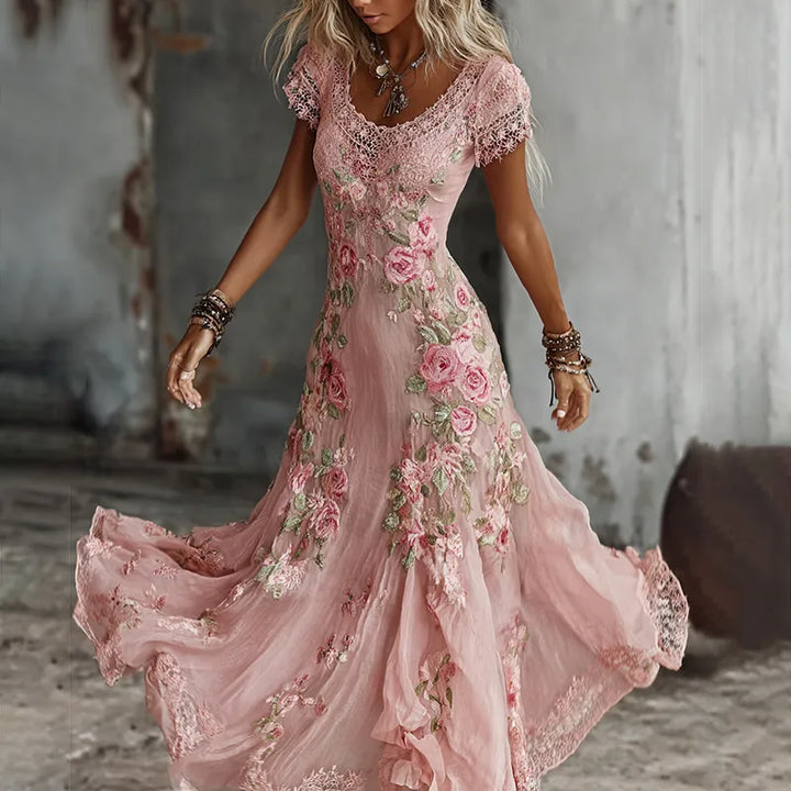Vestido Largo Fluido De Mujer Con Bordado Floral De Rosas Estilo Bohemio