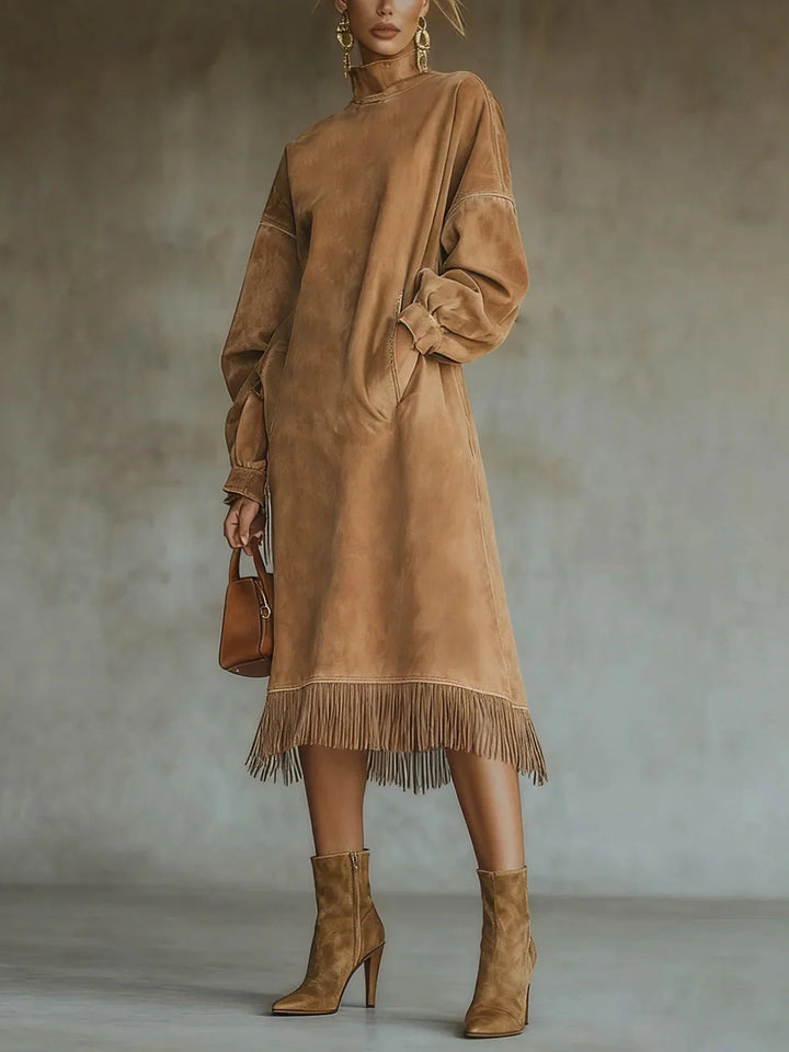 Aurelia Fringe™ | Vintage Suede High Neck Fringe Midi Dress