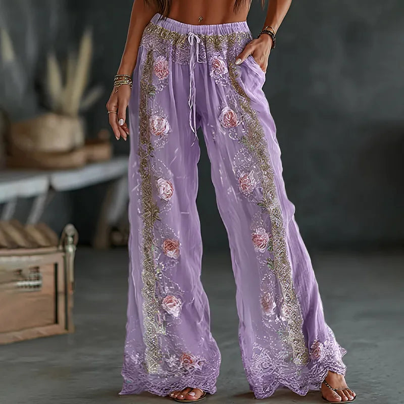Pantalones Casuales De Lino Mixto Con Estampado Floral Bordado Vintage De Primavera Para Mujer