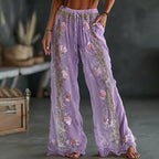 PANTALONES CASUALES DE LINO MIXTO CON ESTAMPADO FLORAL BORDADO VINTAGE DE PRIMAVERA PARA MUJER