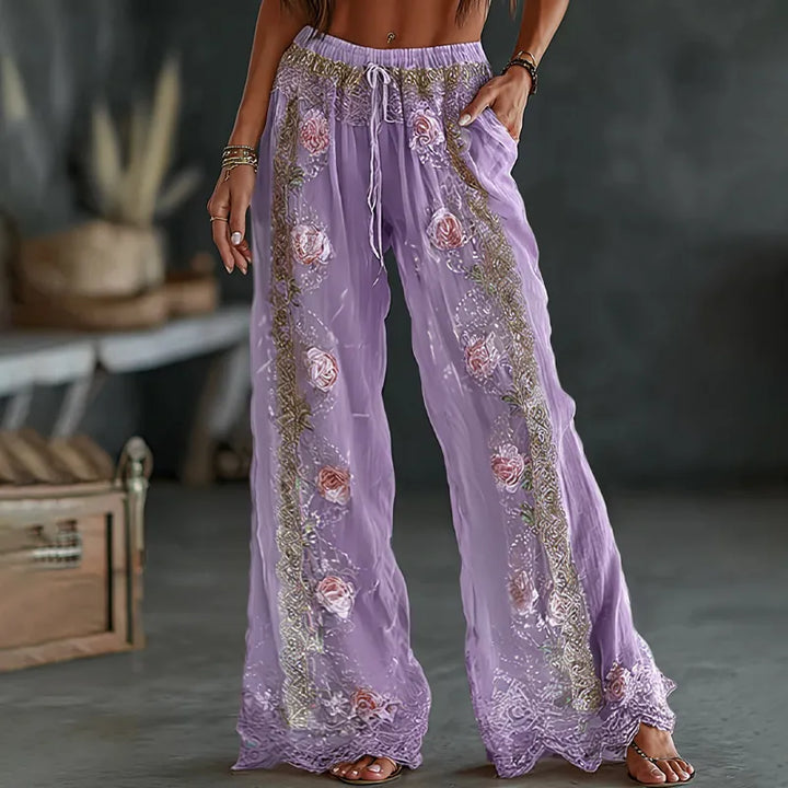 Pantalones Casuales De Lino Mixto Con Estampado Floral Bordado Vintage De Primavera Para Mujer