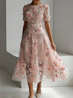 VESTIDO MAXI CASUAL RETRO DE CUELLO REDONDO CON ARTE FLORAL