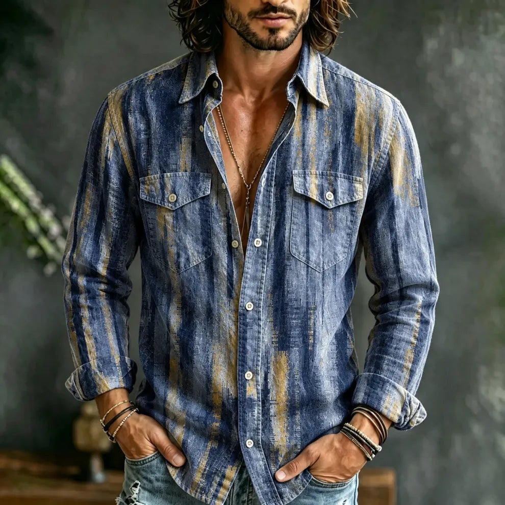 Camisa Homem Vintage Linho - Padrão Geométrico Arte Com Bolso Manga Comprida
