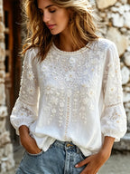 TOP CASUAL DE MANGA LARGA CON BORDADO FLORAL VINTAGE CUELLO REDONDO