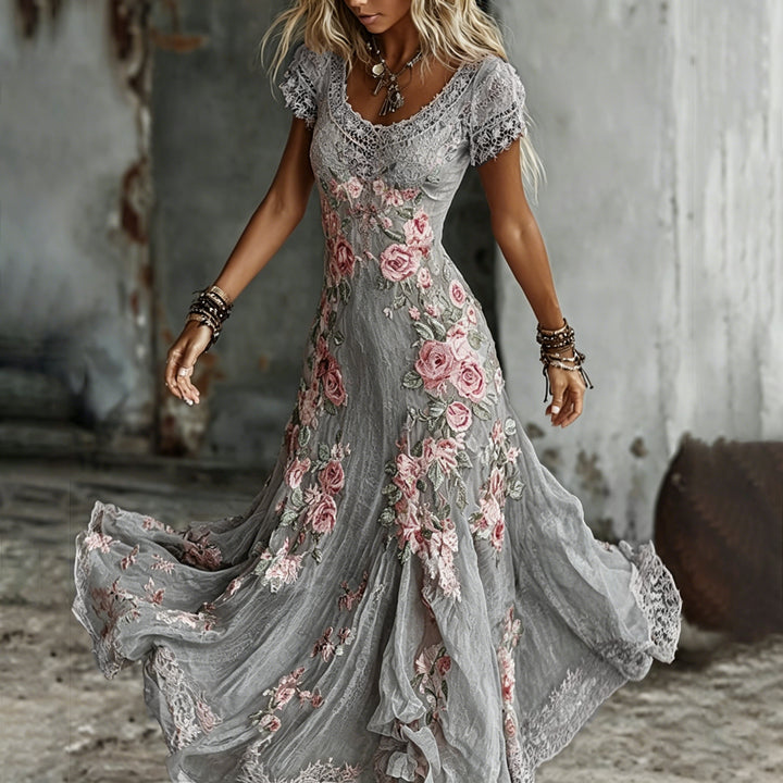Vestido Largo Fluido De Mujer Con Bordado Floral De Rosas Estilo Bohemio