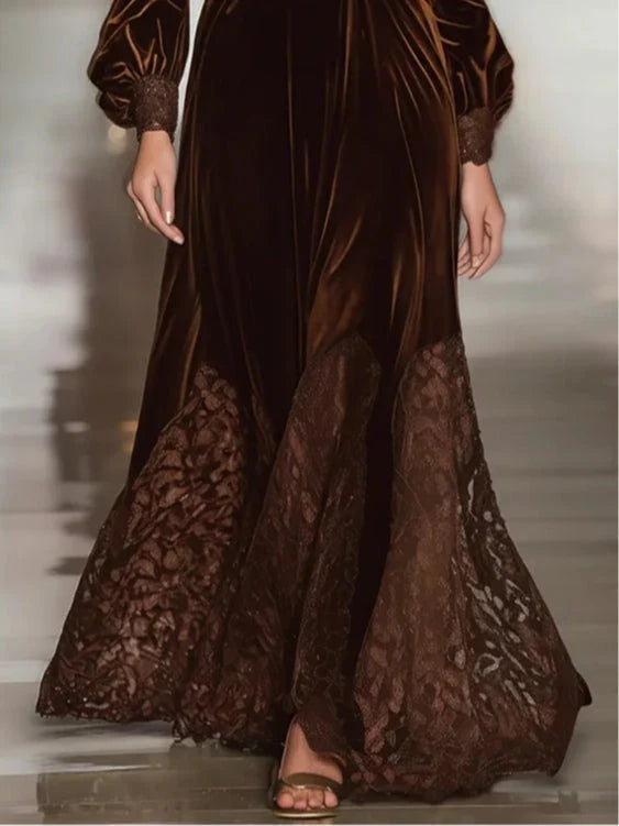 Vestido Maxi De Terciopelo Con Patchwork De Encaje Y Mangas Globo