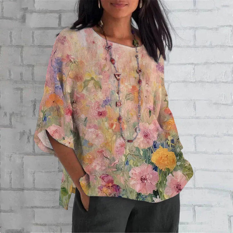 Camiseta de lino con estampado floral pintura al óleo vintage para mujer
