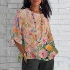 Camiseta de lino con estampado floral pintura al óleo vintage para mujer