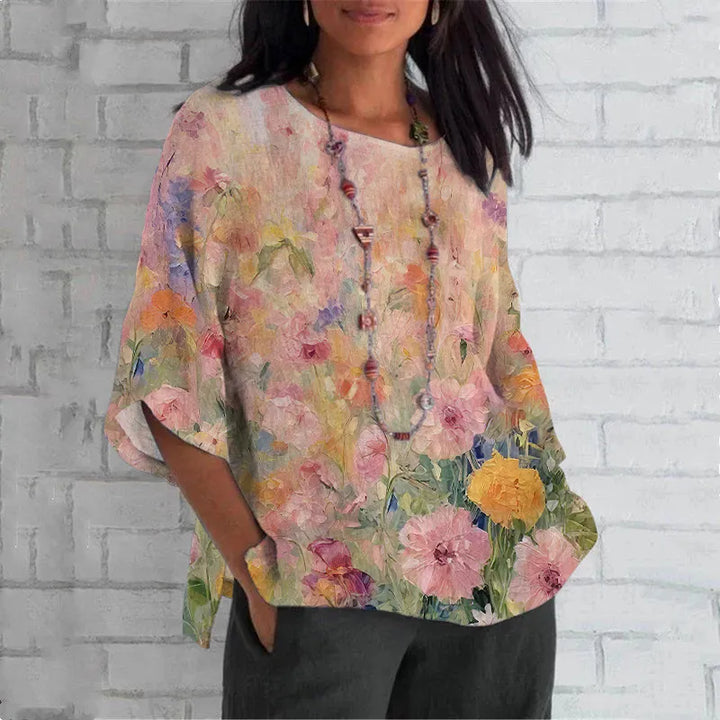 Camisola De Linho Com Estampado Floral Pintura A Óleo Vintage Para Mulher