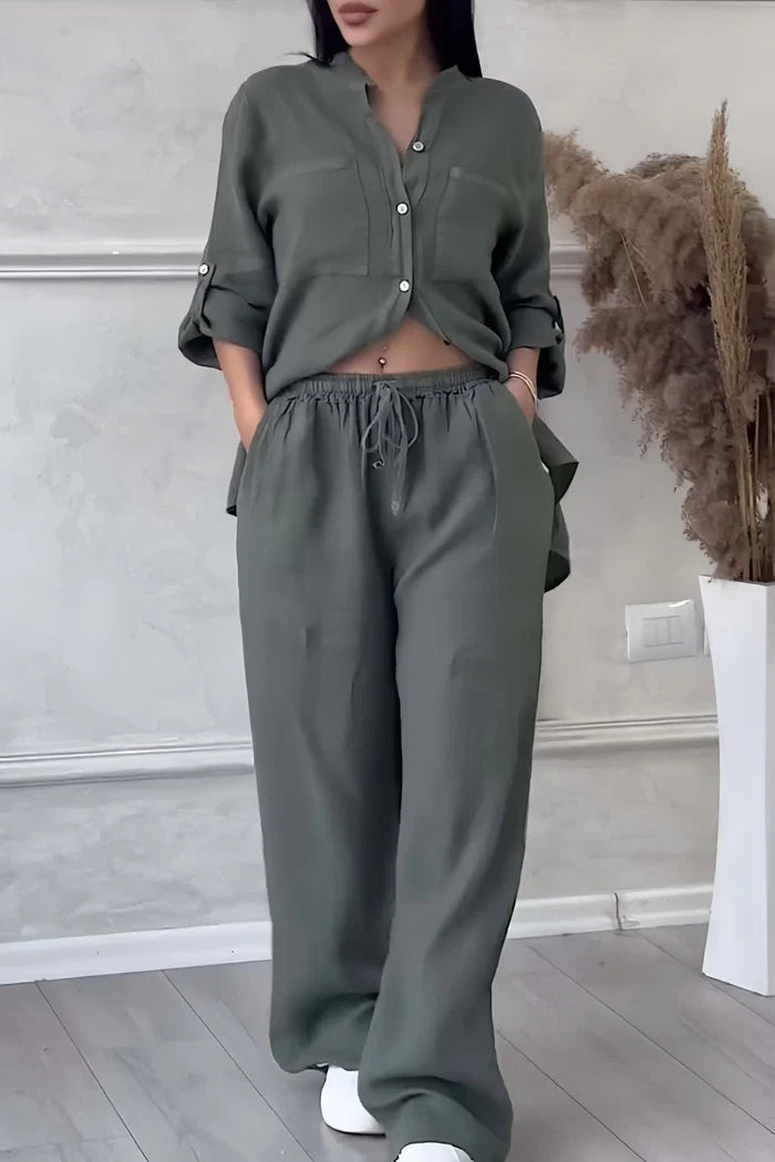 Paula - Conjunto de Linho Feminino com Top Curto e Calças de Perna Larga
