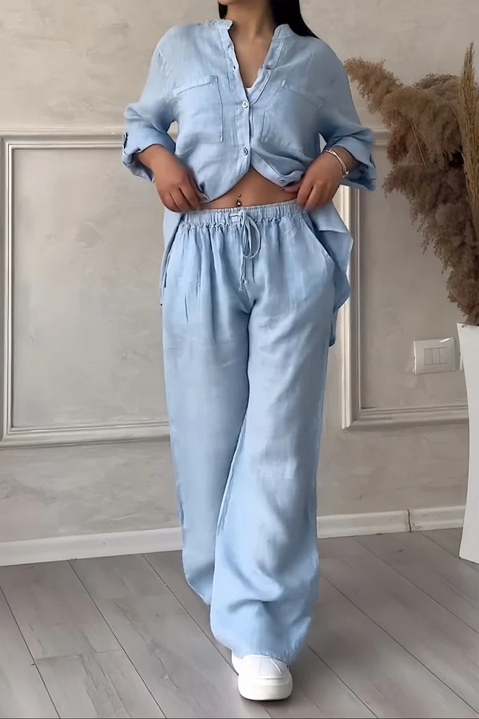 Paula - Conjunto de Linho Feminino com Top Curto e Calças de Perna Larga