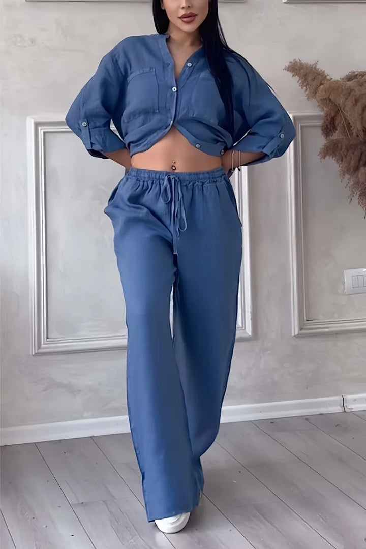 Paula - Conjunto de Linho Feminino com Top Curto e Calças de Perna Larga