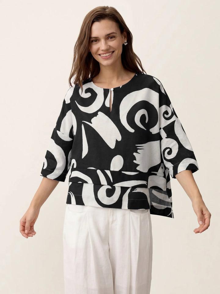 Noreen | Asymmetric Tiered Abstract Print Linen Top